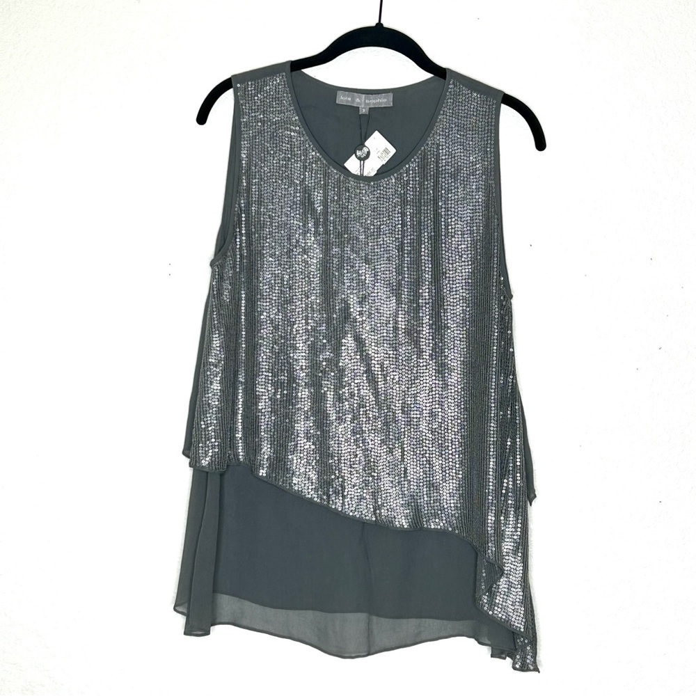 Lola & Sophie Gray Sequin Front Asymmetrical Sheer Chiffon Sleeveless Bl…